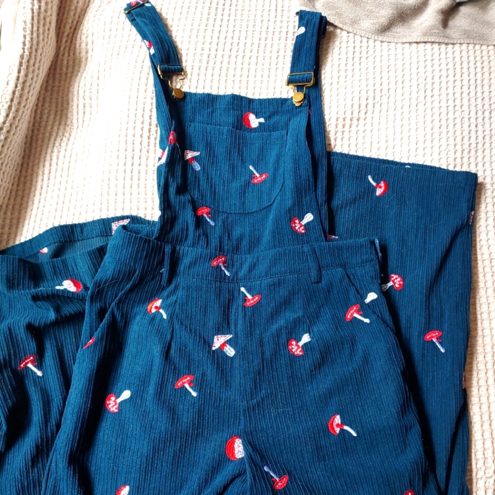 Small Baby Blue Overalls with cute mushroom print.